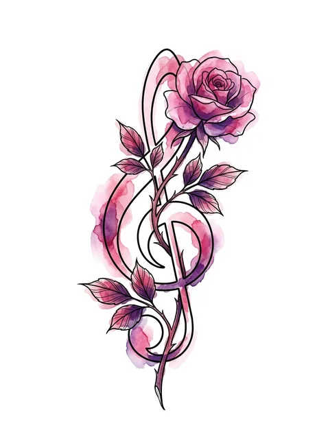 Color watercolor music note and rose tattoo design