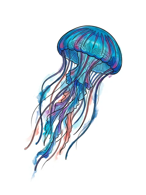 Color watercolor ocean and jellyfish tattoo design