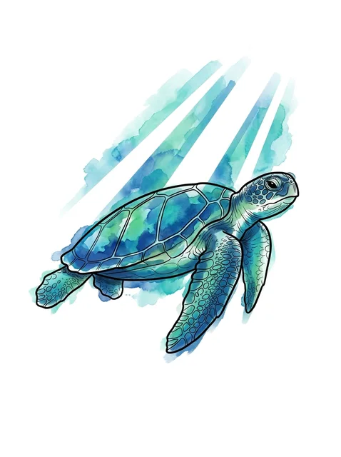 Color watercolor ocean and turtle tattoo design