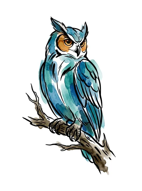 Color watercolor owl tattoo design: an owl perched on a branch
