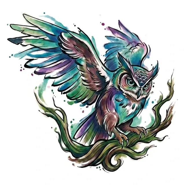 watercolor Owl tattoo design, in colour