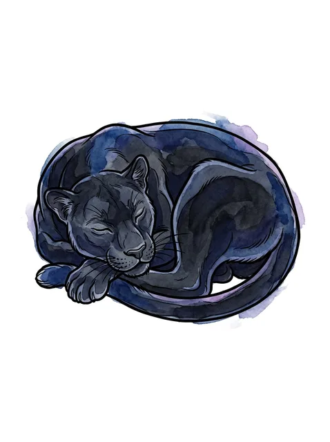 Color watercolor panther tattoo design: a sleeping black panther, curled up with its eyes closed