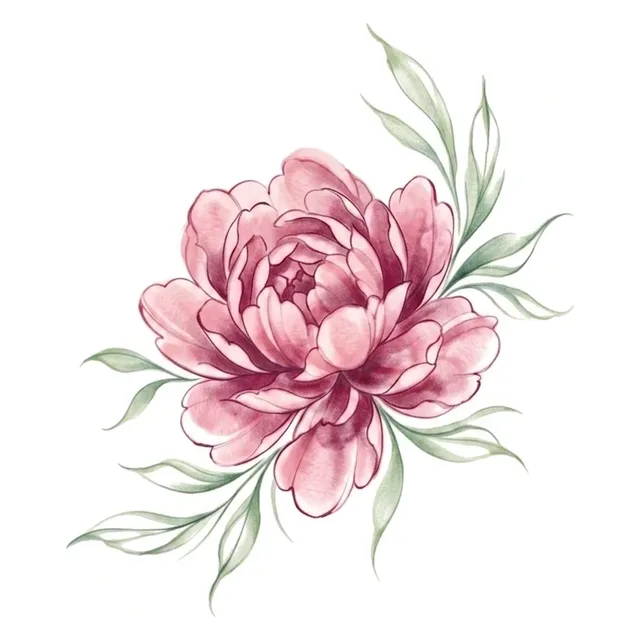 Color watercolor peony and flower tattoo design: a lush pink peony with delicate green leaves