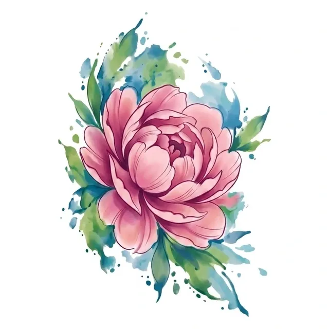 Color watercolor peony and flower tattoo design