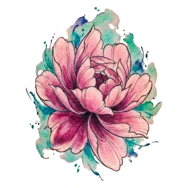Color watercolor peony and flower tattoo design: a pink peony with black outlines
