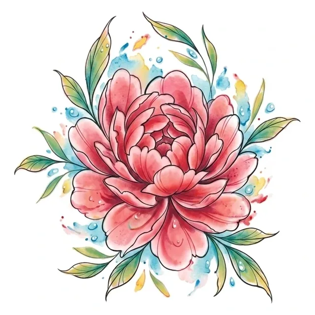 Color watercolor peony and leaf tattoo design: a large, detailed pink peony with green leaves