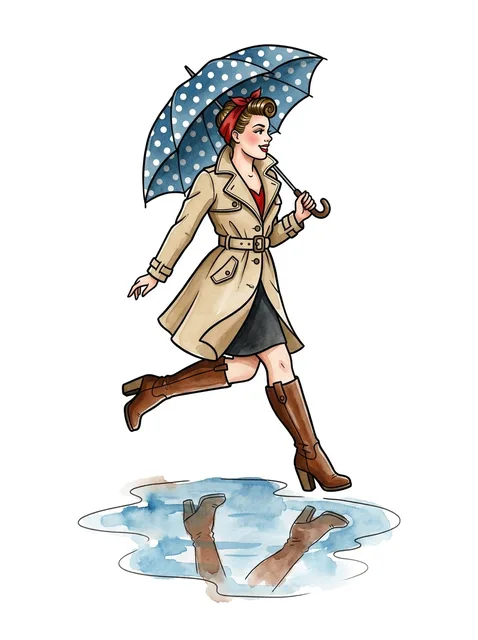 Color watercolor pin up and umbrella tattoo design
