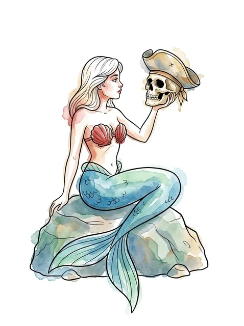 Color watercolor pirate and mermaid tattoo design
