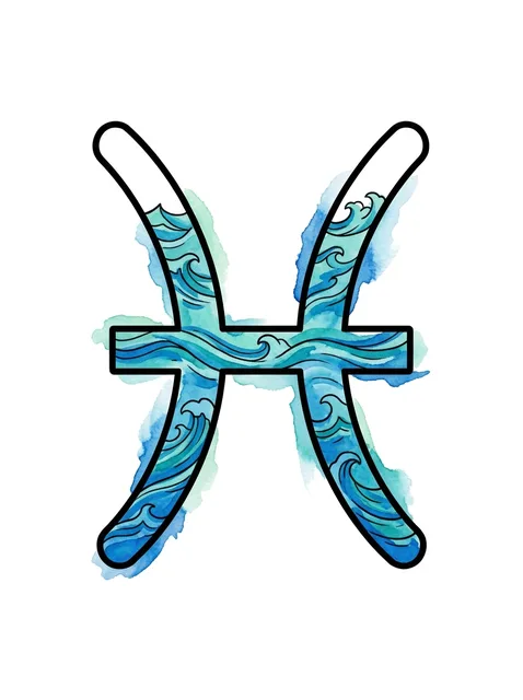 Color watercolor pisces and wave tattoo design: the Pisces zodiac symbol