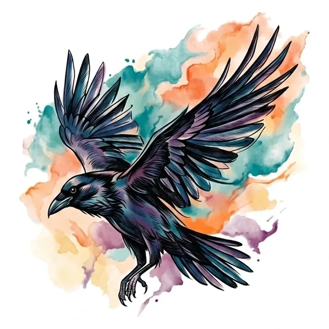 watercolor Raven tattoo design, in colour