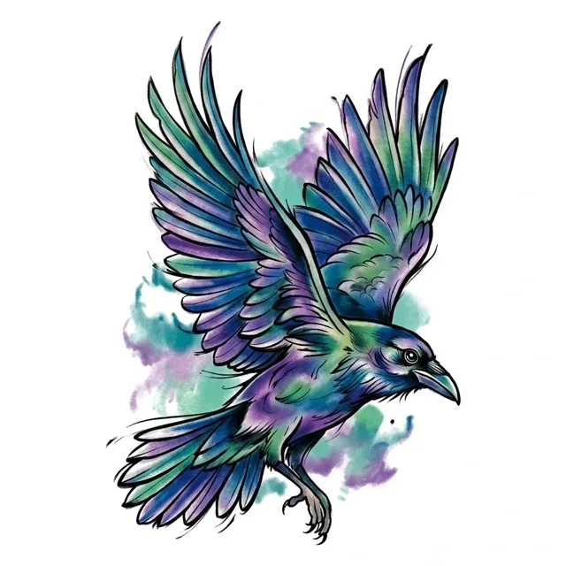 watercolor Raven tattoo design, in colour