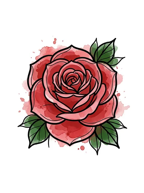 Color watercolor rose and flower tattoo design: a red rose with green leaves