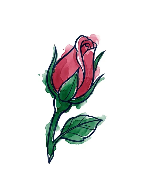 Color watercolor rose and flower tattoo design: a single red rosebud with green leaves