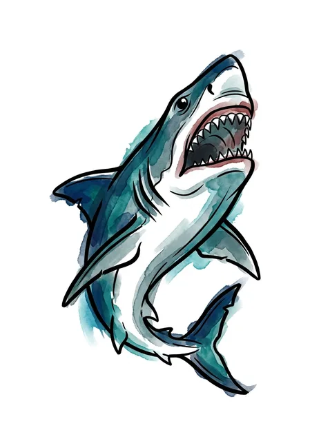 Color watercolor shark tattoo design: a great white shark, mouth agape to reveal rows of sharp teeth