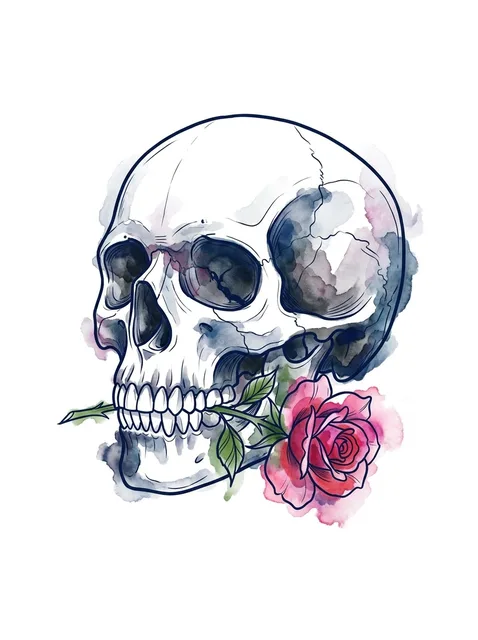 Color watercolor rose and skull tattoo design