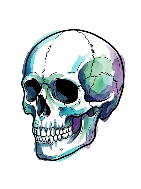 watercolor Skull tattoo design, in colour