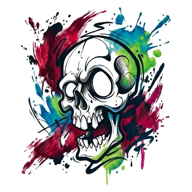 watercolor Skull tattoo design, in colour