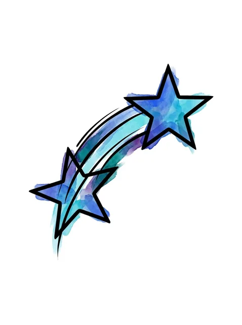 Color watercolor star tattoo design: two stylized stars with a trailing arc