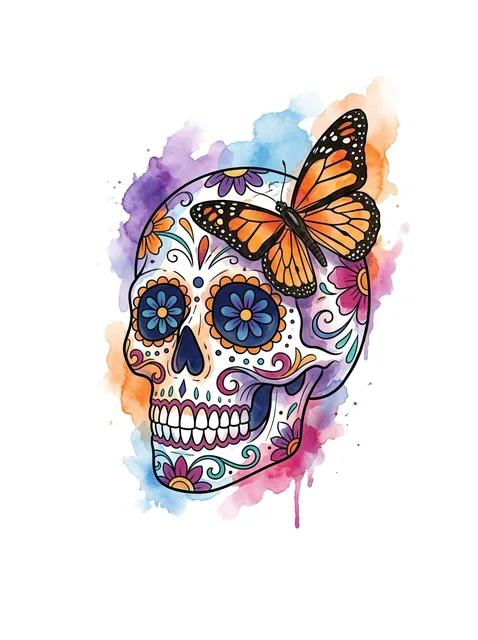 Color watercolor sugar skull and butterfly tattoo design