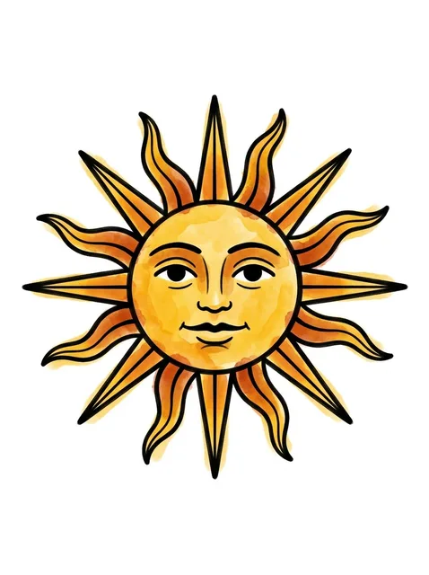Color watercolor sun tattoo design: a stylized face