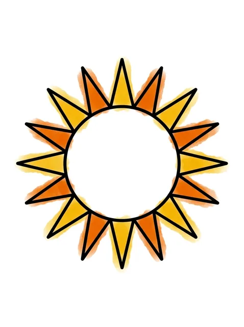 Color watercolor sun tattoo design: a bold black outline of a circular sun with triangular rays