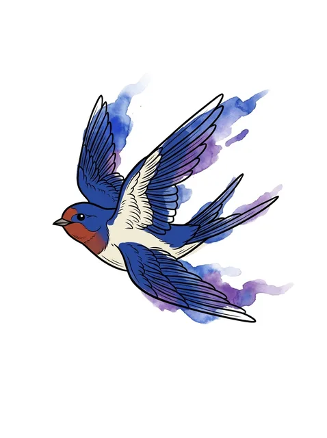 Tattoo-Vorlage mit einer Schwalbe, Stil: Watercolor, in Farbe