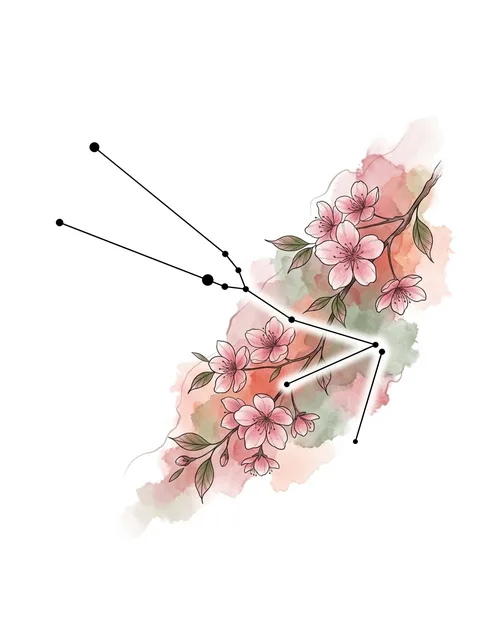 Tattoo-Vorlage mit einer Kirschblüte und dem Sternzeichen Stier, Stil: Watercolor, in Farbe