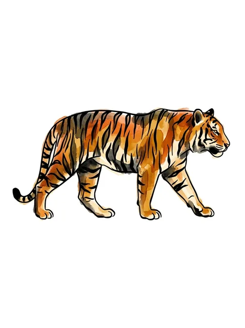 Color watercolor tiger tattoo design: a tiger in profile, walking with a powerful stride