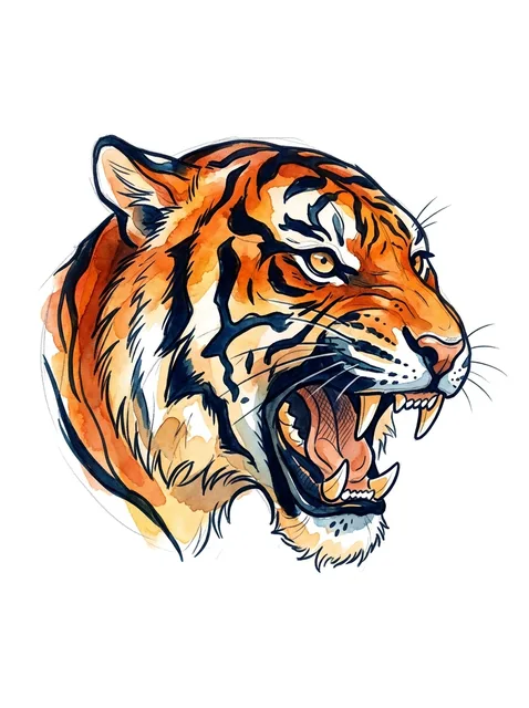 Color watercolor tiger tattoo design: a roaring tiger's head