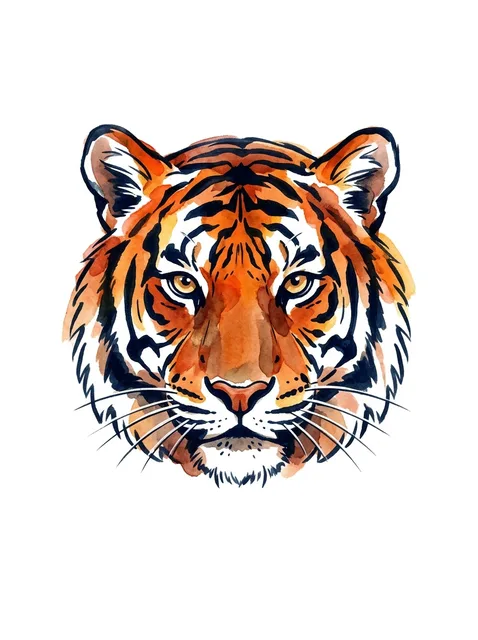 Color watercolor tiger tattoo design: a tiger's head, facing forward with intense yellow eyes