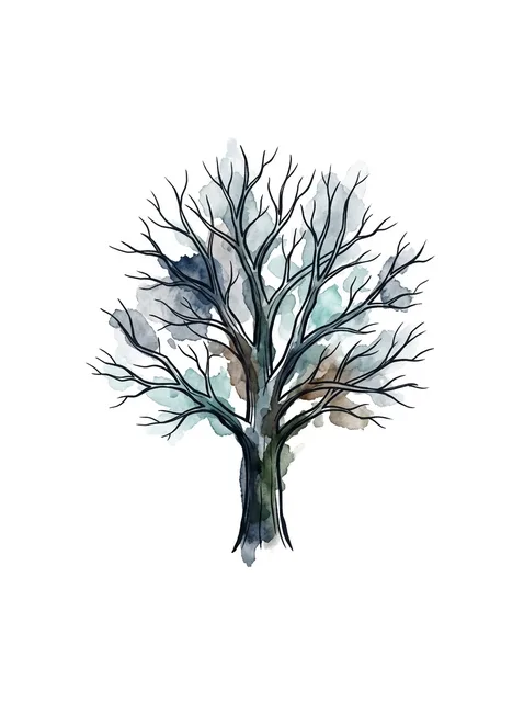 Color watercolor tree tattoo design: a bare tree with intricate branches