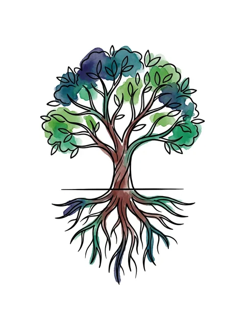 Color watercolor tree tattoo design: a tree with its roots mirroring its branches
