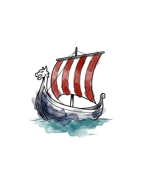 Color watercolor viking and ship tattoo design