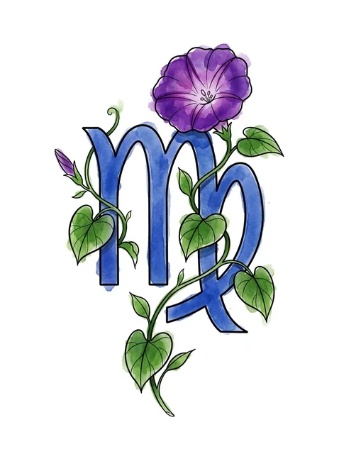 Tattoo-Vorlage mit dem Sternzeichen Jungfrau und einer Blume, Stil: Watercolor, in Farbe