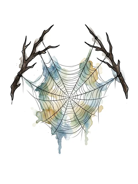 Color watercolor web tattoo design: a spider web strung between two bare tree branches