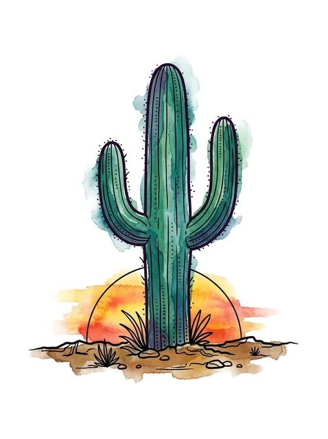 Color watercolor western and cactus tattoo design