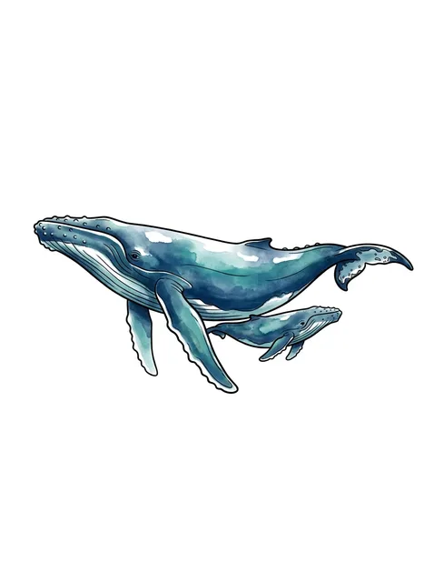 Color watercolor whale and mother and child tattoo design