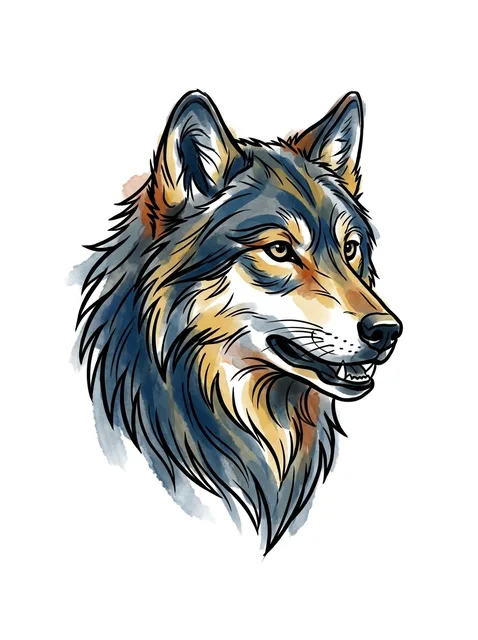 Color watercolor wolf tattoo design: a wolf's head in profile, looking to the right