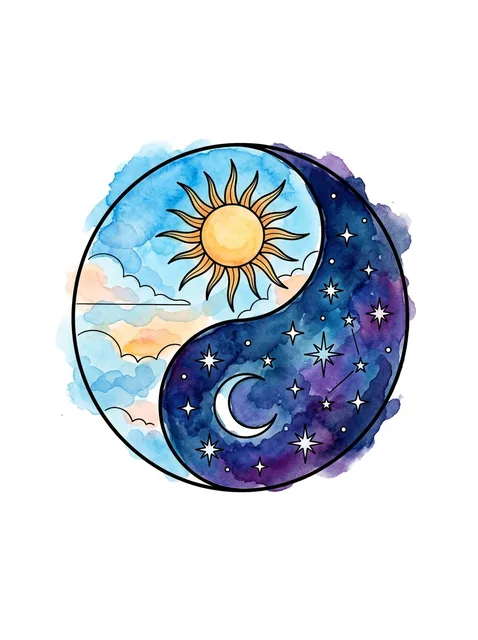 Color watercolor yin yang and sun tattoo design
