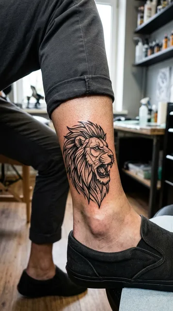 Black and white blackwork lion tattoo on a man's ankle