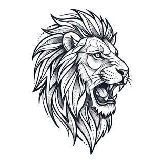 Black and white blackwork lion tattoo design, drawn flat for an ankle tattoo