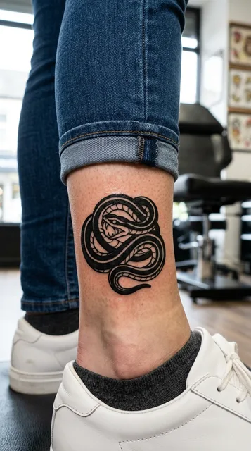Black and white blackwork snake tattoo on a woman's ankle