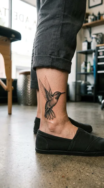 Black and grey dotwork hummingbird tattoo on a woman's ankle