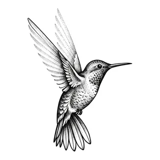 Black and grey dotwork hummingbird tattoo design, drawn flat for an ankle tattoo