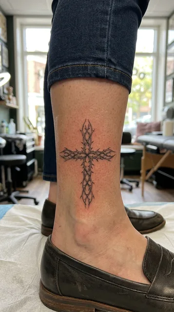 Black and white fine line cross tattoo on a woman's ankle