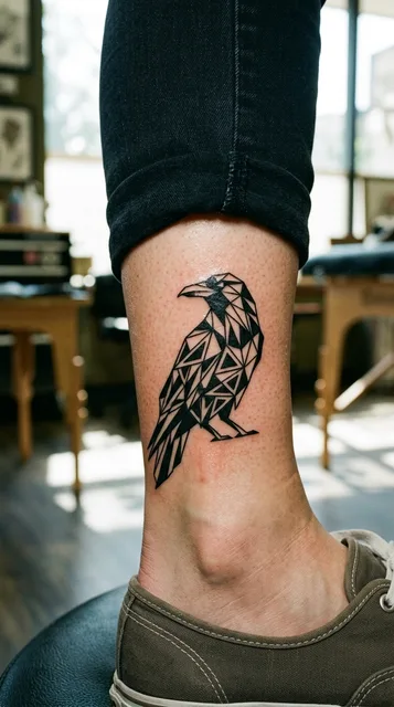 Black and white geometric raven tattoo on a woman's ankle