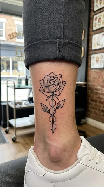 Black and white geometric rose tattoo on a man's ankle