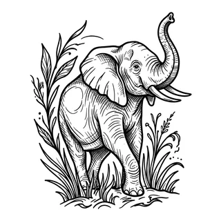 Black and grey illustrative elephant tattoo design, drawn flat for an ankle tattoo