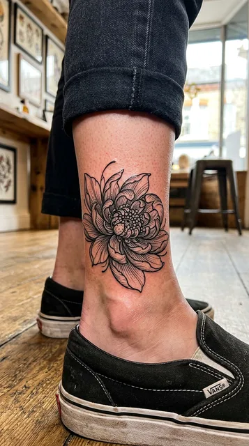 Black and grey illustrative flower tattoo on a woman's ankle