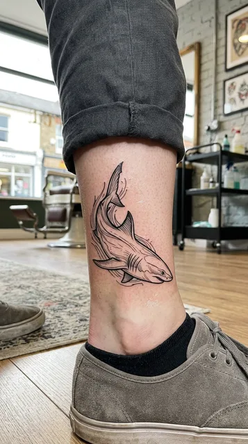 Black and grey illustrative shark tattoo on a woman's ankle